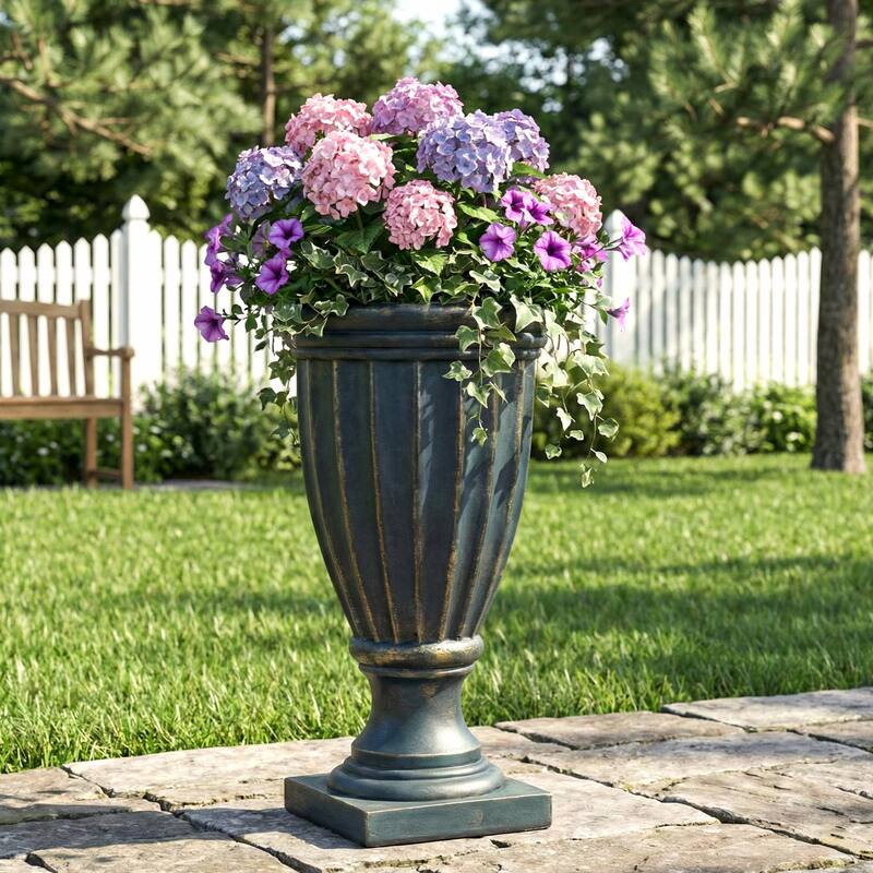 Christopher Knight Home - 26.77"H Fluted MGO Pedestal Urn Planter for Garden, Patio & Front Porch - Antique Green