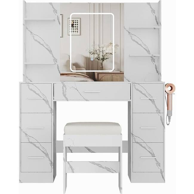 Vanity Desk with LED Lighted Mirror and Stool, 7 Drawers, 6 Open Shelves