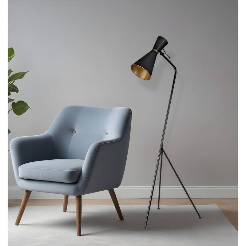 HomeRoots 58" Black Metal Tripod Floor Lamp With Black And Gold Metal Cone Shade - 17.72" W x 58.27" H x 20.08" D