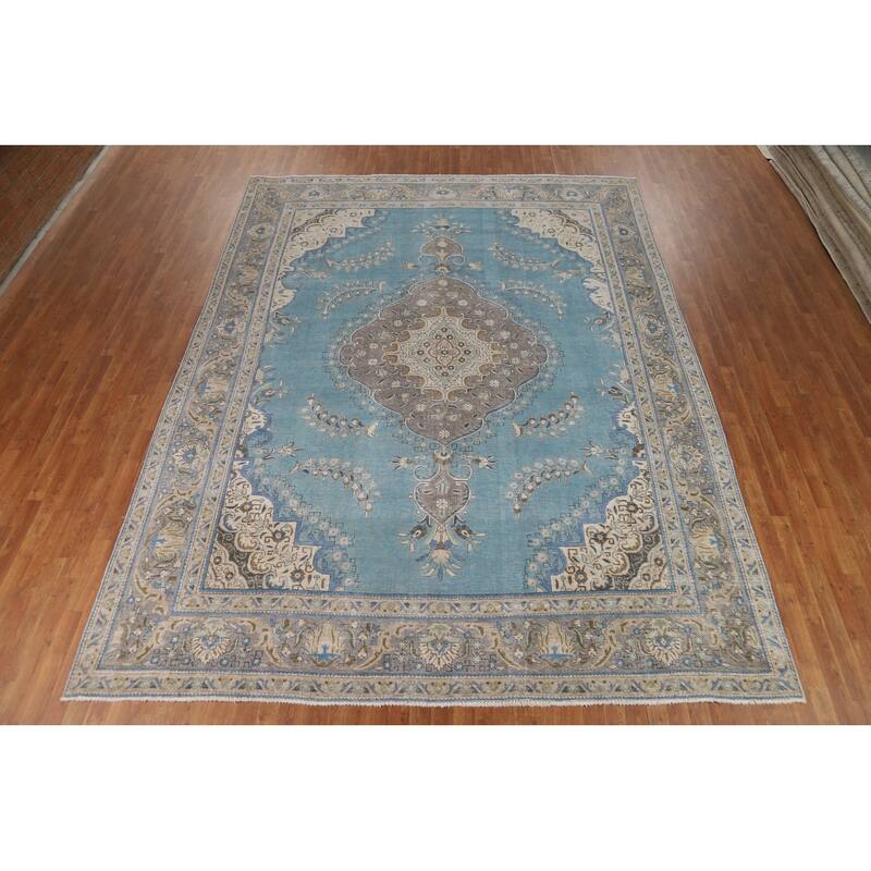 Light Blue Medallion Tabriz Persian Area Rug Hand-Knotted Wool Carpet - 9'10"x 12'10"