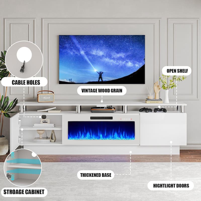 BOSSIN 80" TV Stand Entertainment Center with 36" Electric Fireplace, for TVs up to 90", High Gloss Cabinet with LED Light