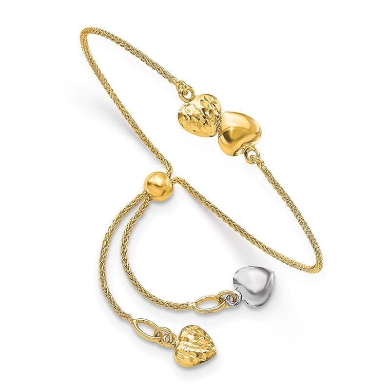 Curata 0.84mm 14k Two tone Gold Polished Sparkle Cut Love Heart Adjustable Bracelet
