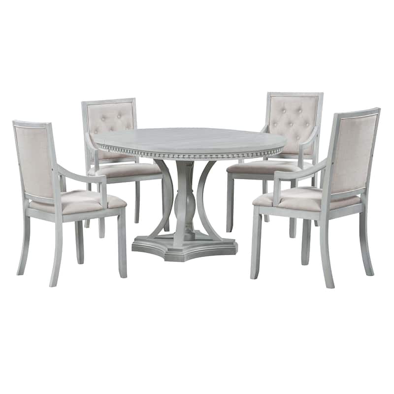 Retro Dining Table and Chairs 5-piece Set, Retractable Round Table with 4 upholstered Chairs, Kitchen Dining Room Coffee Table