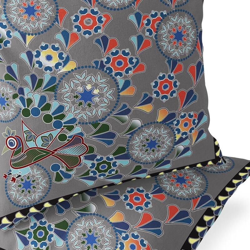 HomeRoots Set of Two 16" X 16" Gray and Yellow Peacock Blown Seam Floral Indoor Outdoor Throw Pillow - 16.00' X '16.00' X '5.00