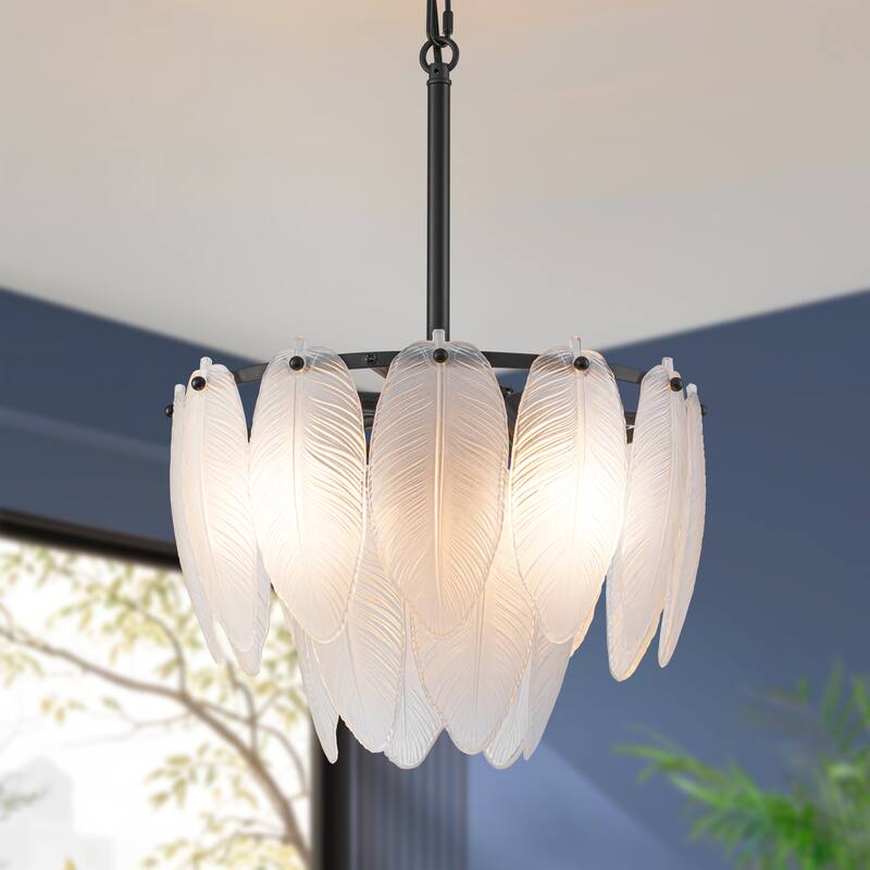 Starsky Modern 3-Light Tiered Feather-Shaped Glass Chandelier - Black - Black