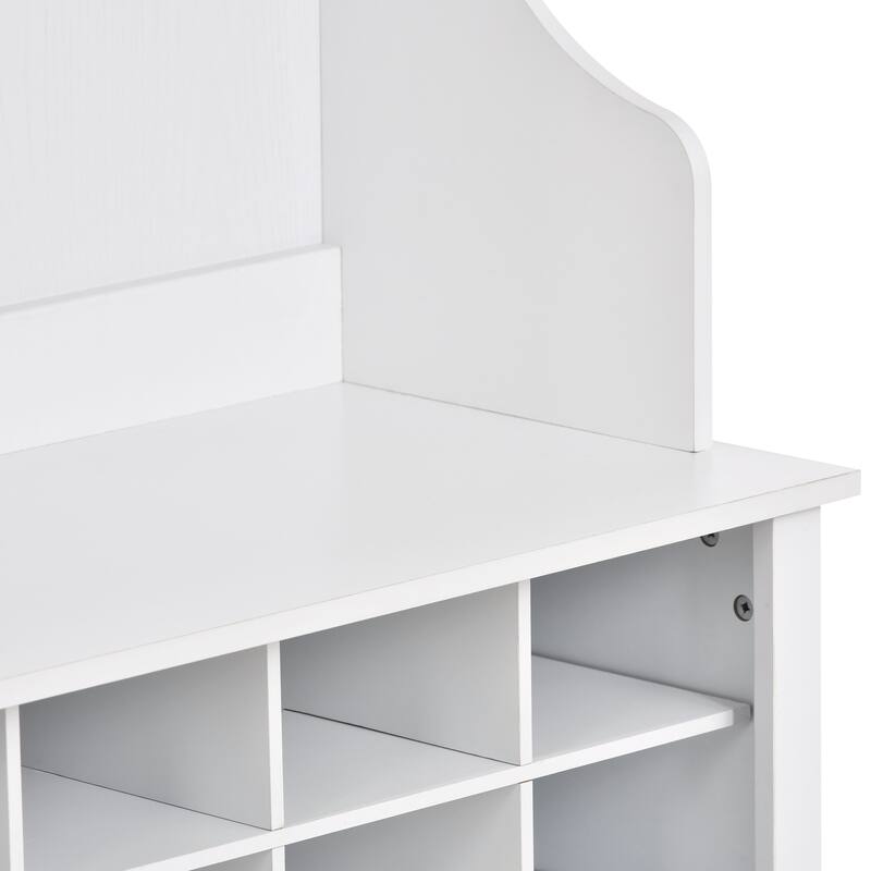 60" Wide White Hall Tree with 24 Shoe Cubbies, Metal Black Hooks