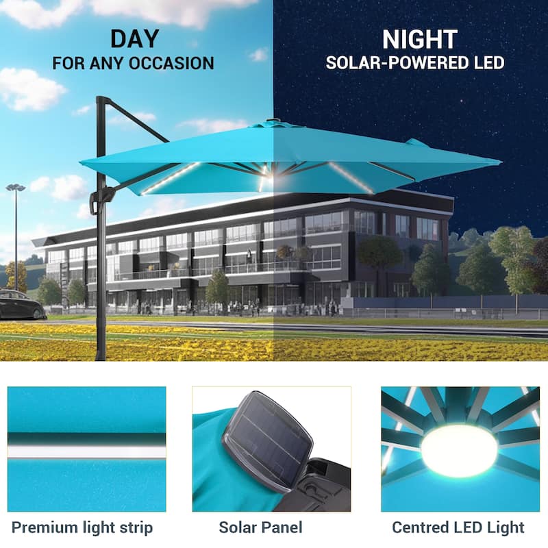 LIVOOSUN 11.5x9FT LED Cantilever Patio Umbrella Solution-Dyed Fabric w/Base