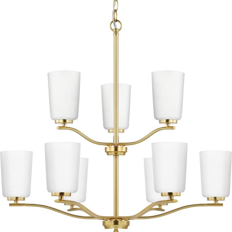 Adley Collection Nine-Light Satin Brass Etched White Glass New Traditional Chandelier - 28 in x 28 in x 26.12 in - 28 in x 28 in x 26.12 in
