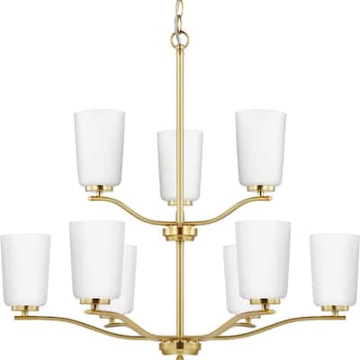 Adley Collection Nine-Light Satin Brass Etched White Glass New Traditional Chandelier - 28 in x 28 in x 26.12 in