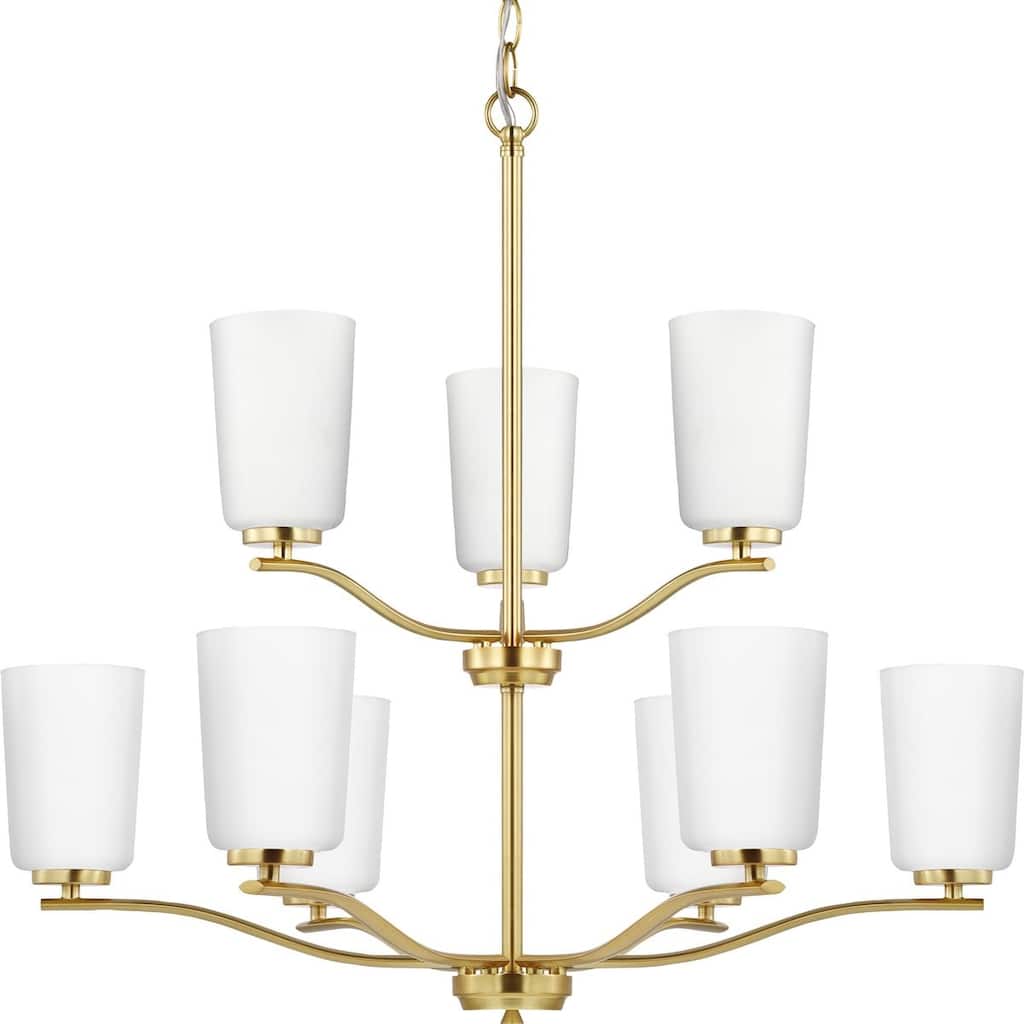 Adley Collection Nine-Light Satin Brass Etched White Glass New Traditional Chandelier - 28 in x 28 in x 26.12 in