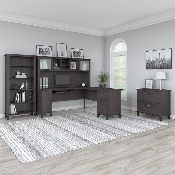 slide 2 of 15, Somerset 72W L Shaped Desk with Hutch, Cabinet and Bookcase in Gray Storm Gray
