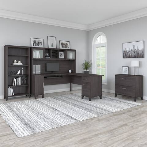 Somerset 72W L Shaped Desk with Hutch, Cabinet and Bookcase in Gray