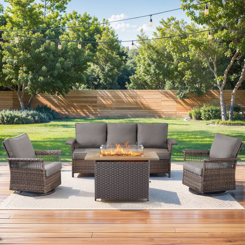 Pocassy 41 in Fire Pit Table with Patio Sofa Swivel Chair Set - Brown Wicker Gray Cushion - 4-Piece Sofa Swivel Chair with Fire Pit Table
