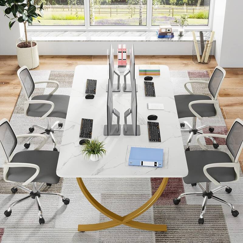 63" Executive Office Desk - Modern White & Gold Computer Desk with Faux Marble Tabletop, Large Conference Table
