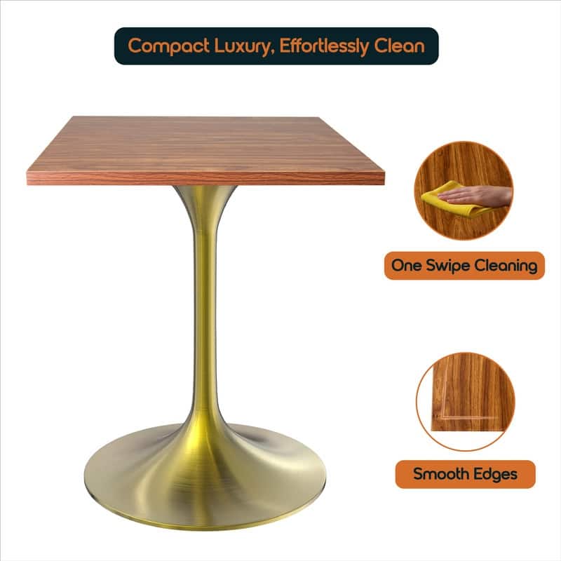 Verve 24 in. Wide Dining Table Square Solid Wood Tabletop in Gold Stainless Steel Pedestal Base Accent Kitchen Table