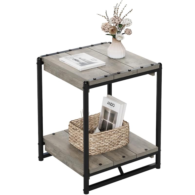 20'' Large Square Farmhouse Grey Wood Storage End Table - Grey