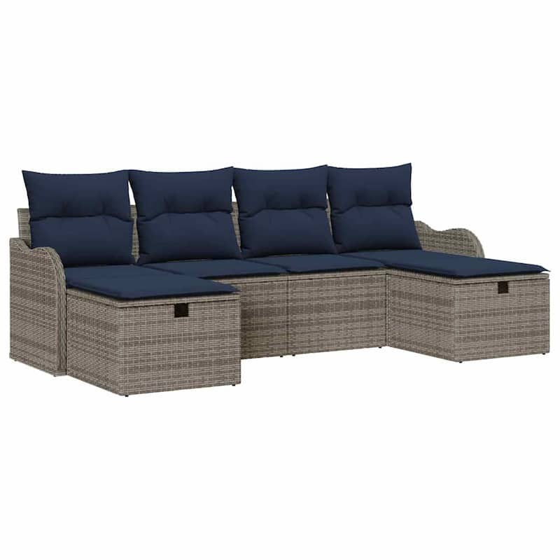 vidaXL 6 Garden Sofa Set with Cushions Black/Brown/Grey Poly Rattan - 90.9 x 46.1 x 27.2