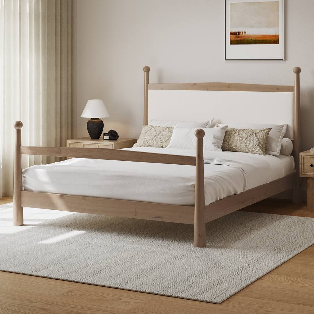 Mid-Century Modern Solid Pine Wood Platform Bed with Upholstered ...