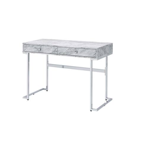 Contemporary Tigress Rectangular Writing Desk Metal Desk, Printed Faux Marble & Chrome Finish, with 2 Storage Drawers