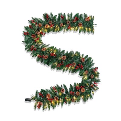 9 ft. Tall Green Plastic Prelit Artificial Christmas Garland with 100 LED Lights, Pine Cones and Red Berries