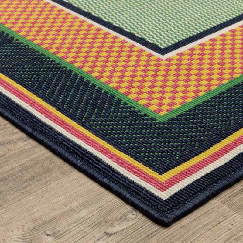 Harlowe Preppy Stripe Border Green/ Navy Area Rug