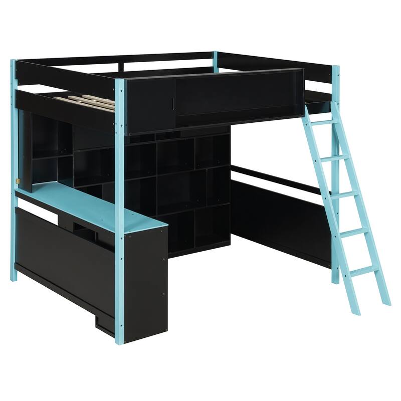 RGB Gaming Loft Bed with Desk, Light Strip, Display Wall, Storage Shelves, Sliding Access Door and Drawers, No Box Spring Needed