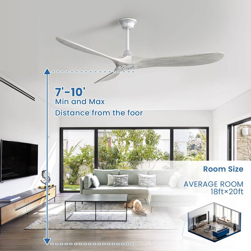 52''/60" Large Ceiling Fan without Lights, Remote Control and Reversible Motor Included, 3 Wood Blades