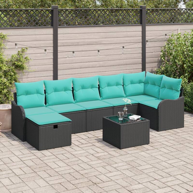 vidaXL 7/8 Garden Sofa Set with Cushions Black/Brown/Grey Poly Rattan - 113.2 x 48.2 x 27.2 - Black with table