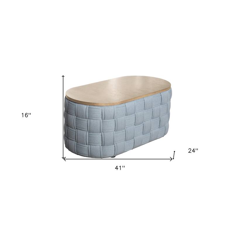 HomeRoots 41" Natural and Blue Wood And Woven Fabric Oval Coffee Table - 41.00 in. x 16.00 in. x 24.00 in.