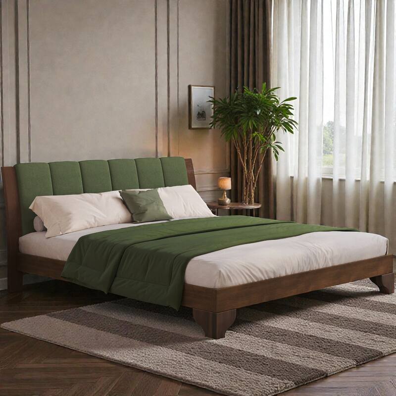 Premium Pine Wood Queen/King Bed Frame with Headboard, Mid Century Modern Platform Bed, Sturdy MDF Construction - Walnut Green - King