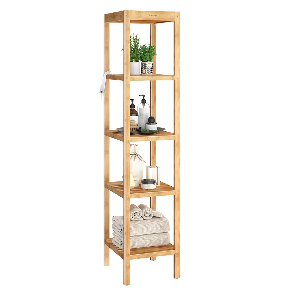 Bookshelves,5 Tiers Bamboo Shelf Kitchen and Balcony with Diagonal Hooks，Anti-friction Footpads and Non-slip Belt Kozart Storage Shelves Bedroom Bathroom Shelves for Living Room Nature 