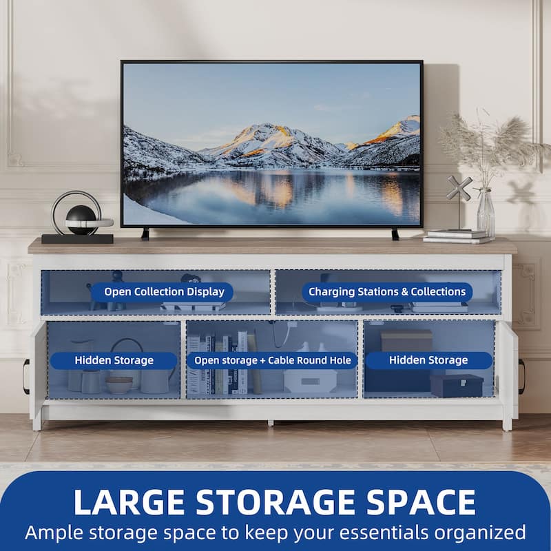 Farmhouse TV Stand for up to 65" TV with Doors and Open Shelves Media Console Power Outlet