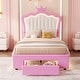 preview thumbnail 1 of 7, Twin Size Upholstered Bed Frame with LED Lights, Crown Headboard and 2 Drawers Pink+White