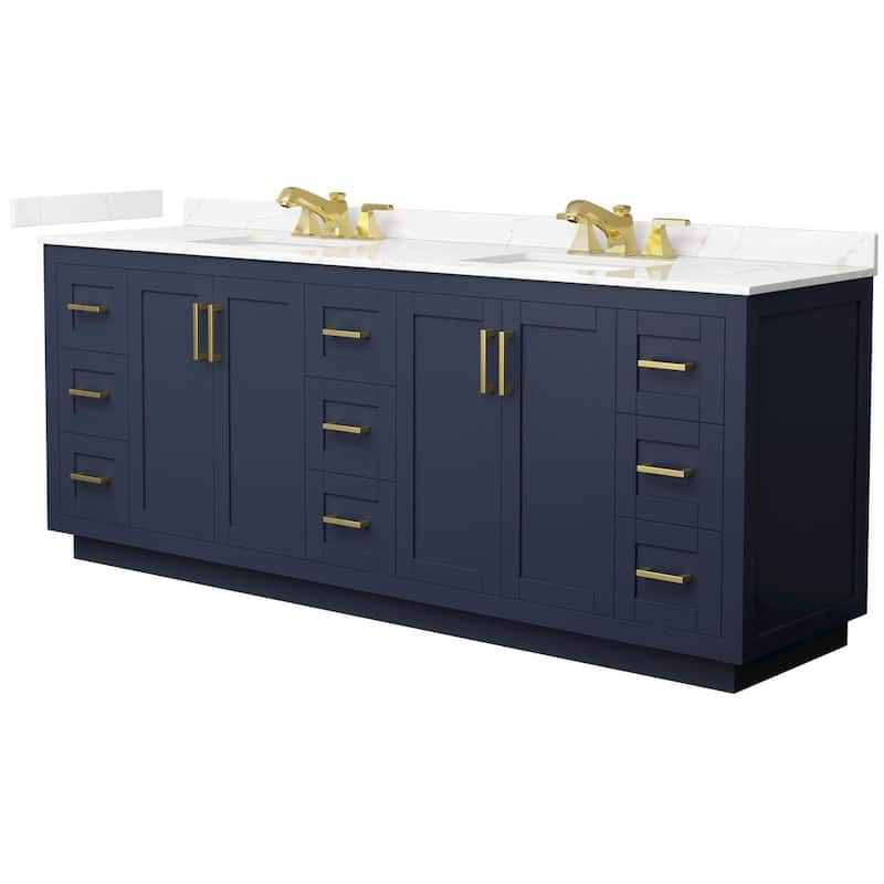 Wyndham Collection WCF292984D-QTZ-US3MXX Miranda 84" Free Standing - Dark Blue / Giotto Quartz Top / Brushed Gold