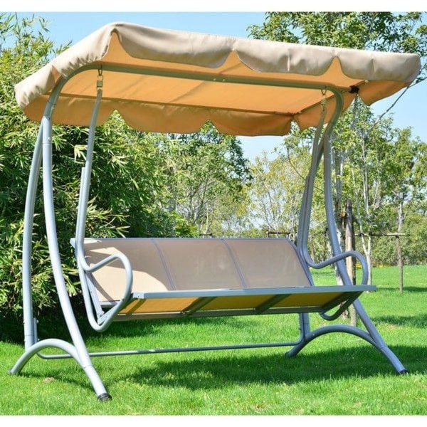 Sturdy 3 Person Outdoor Patio Porch Canopy Swing in Sand Color