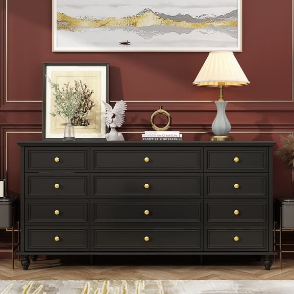 slide 2 of 37, 63"W Wood Dresser Bedroom Storage Drawer Organizer Closet 12 Drawer Black