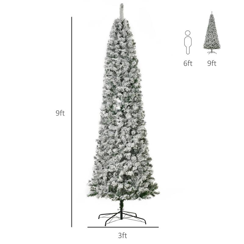 HOMCOM 6FT/7FT/9FT Slim Flocked Christmas Tree with Lights, Skinny Christmas Tree with Stand
