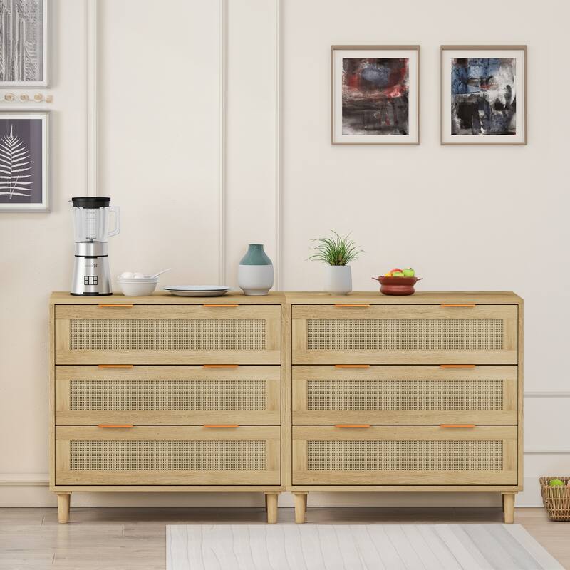 Boho Rattan Dresser with 3 Drawers, Wooden Dresser Chest of Drawers for Bedroom Hallway