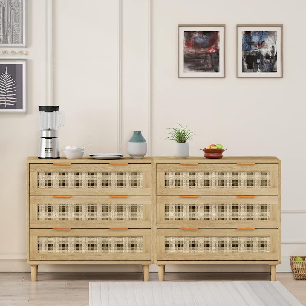 Rattan Storage Cabinet 3-Drawers Nightstand Dressing Table (Set of 2)