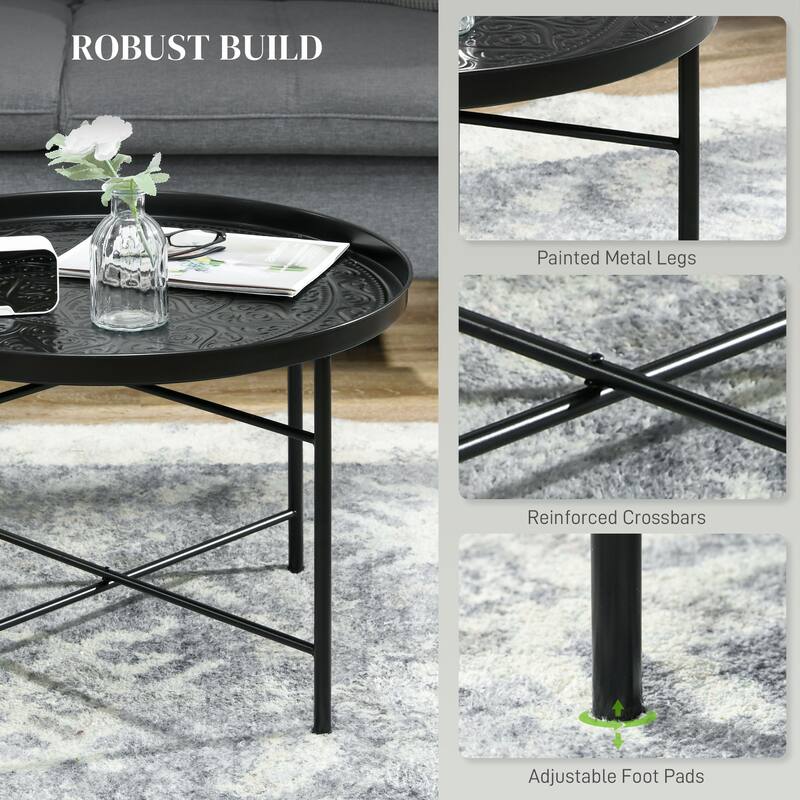 HOMCOM 24" Round Coffee Table with Hammered Tray Top, Vintage Metal Center Table for Living Room, Bedroom, Side Table