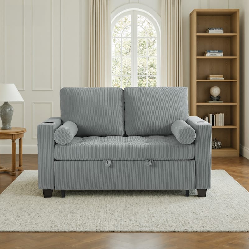 Corduroy Convertible Loveseat Sofa Bed Recliner with Cup Holder, USB Ports