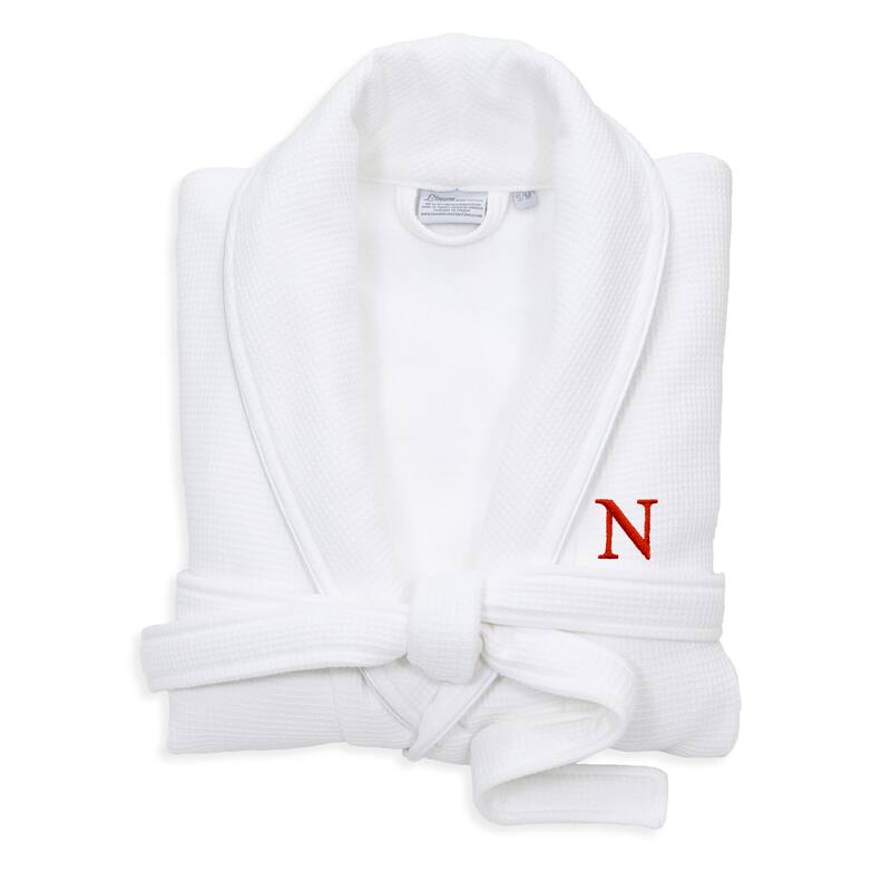Authentic Hotel and Spa White Unisex Turkish Cotton Waffle Weave Terry Bath Robe with Red Block Monogram - S/M - N