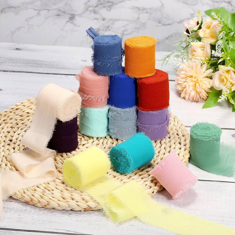 4Roll 1.5"x5Yd Fringe Chiffon Silk Ribbon Handmade Frayed Edges Ribbon - 1.5" x 5 Yard