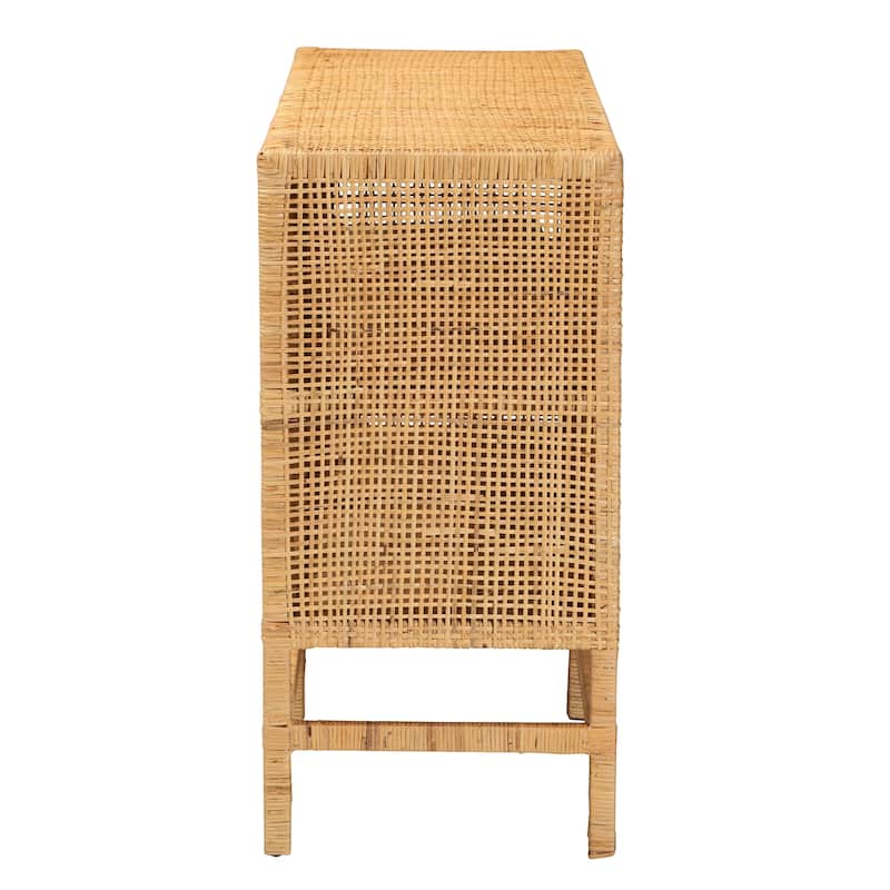 Vivan Modern Bohemian Natural Brown Rattan and Mahogany Wood Storage Cabinet