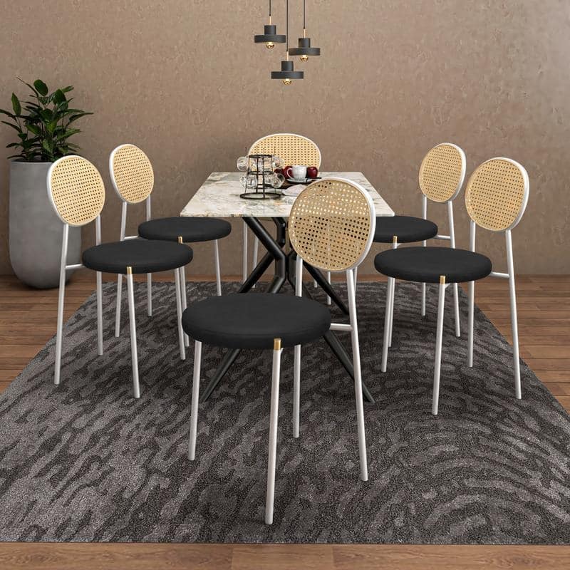 LeisureMod Euston Modern Dining Chair with Upholstered Velvet Seat - Wicker Back and White Stainless Steel Legs Accent Chair
