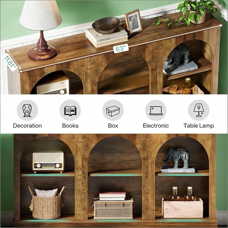 63" Rustic Arched Console Table with 3-Tier Open Shelving