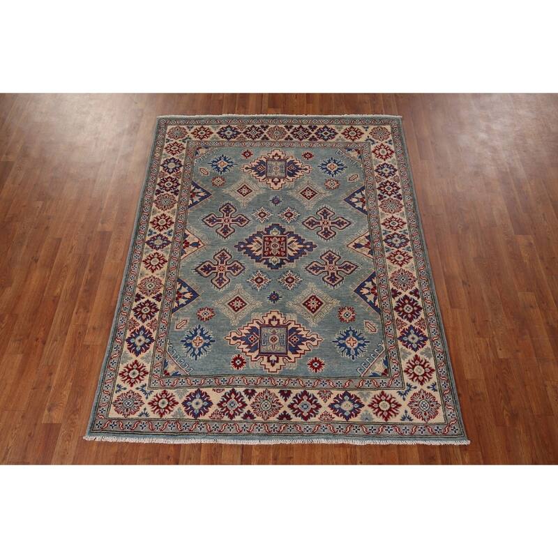 Light Blue Traditional / Geometric Kazak Rug Hand-Knotted Wool Carpet - 5'0" x 6'7"