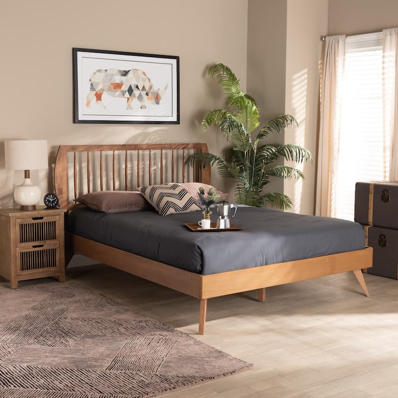King Size Platform Bed Wood Frame - Modern Design, Walnut Finish, Spindled Headboard, Sturdy Slats, Bedroom Furniture