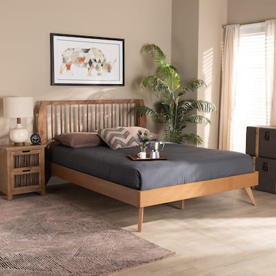 King Size Platform Bed Wood Frame - Modern Design, Walnut Finish, Spindled Headboard, Sturdy Slats, Bedroom Furniture