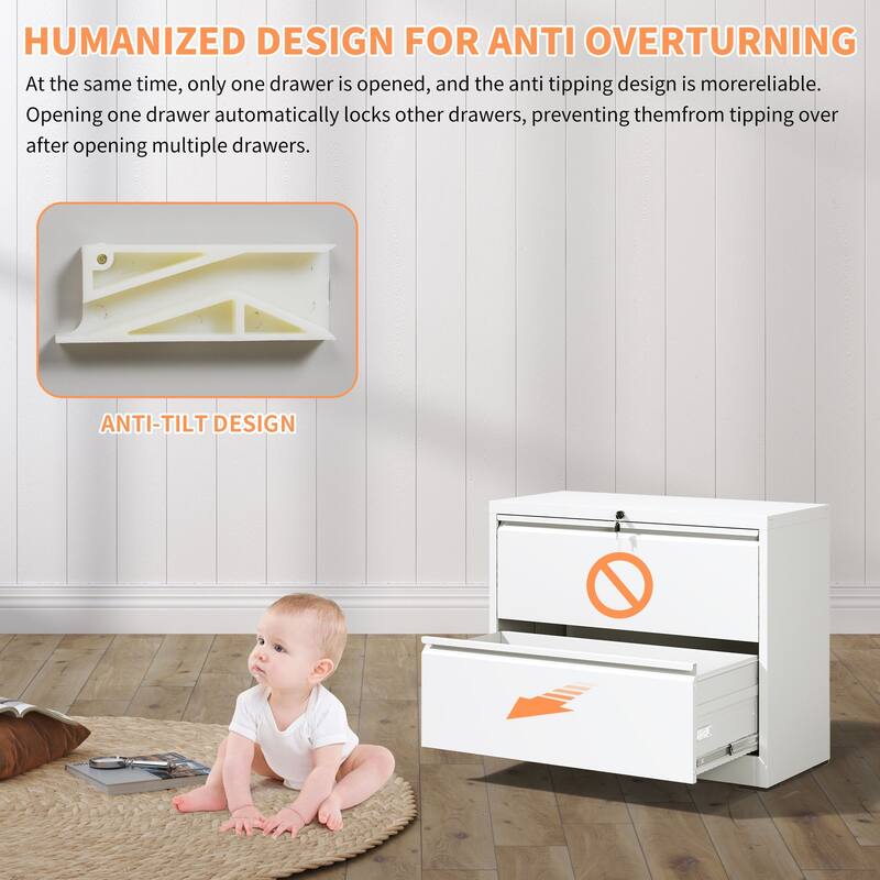 2 Drawer White Filing Cabinet with Lock